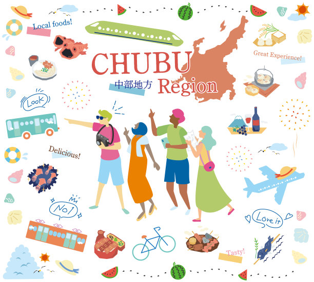 在日本中部地区享受夏日美食的游客，一组图标(平)图片下载