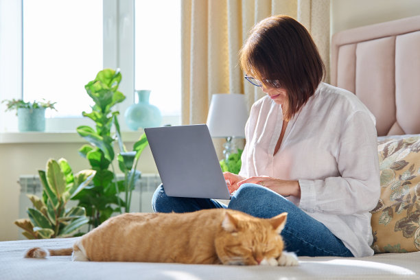 成熟的女人用笔记本电脑坐在家里的沙发上，带着放松的姜猫睡觉图片下载