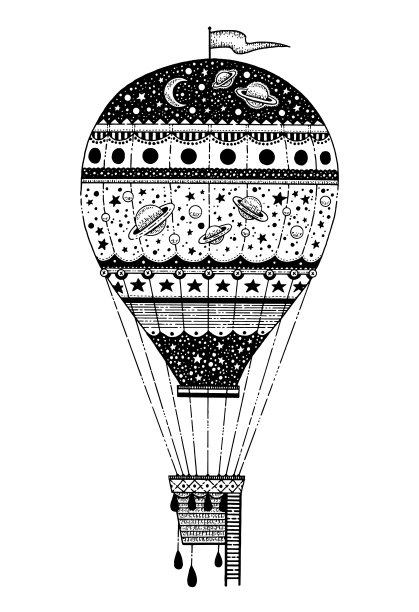 气球雕刻魔术海报。带有蒸汽朋克元素的维多利亚式气球。手绘涂鸦气球时髦女孩邮票。超现实的黑色雕刻漫游画。木刻幻想剪影艺术图片下载