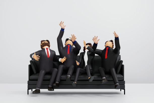 一群成功的商业团队快乐地坐在沙发上，自信地面对，准备工作，3D渲染。图片下载
