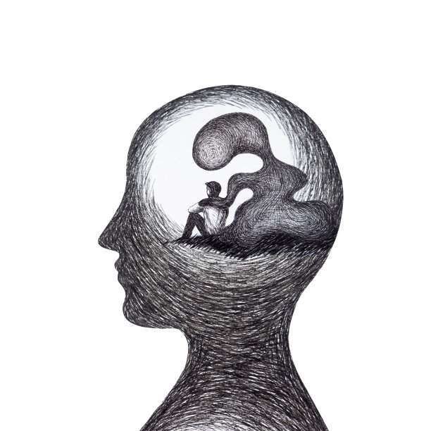 人类男人身体坐着与心灵心理健康治疗精神悲伤痛苦抑郁孤独怪物在你的脑海悲伤负能量情感抽象艺术水彩画插图素描图片下载