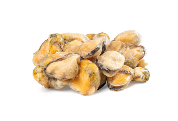 采购产品冷冻贻贝堆孤立，无壳蛤蜊，冷冻去皮贻贝，冷贻贝肉，冰海鲜图片下载