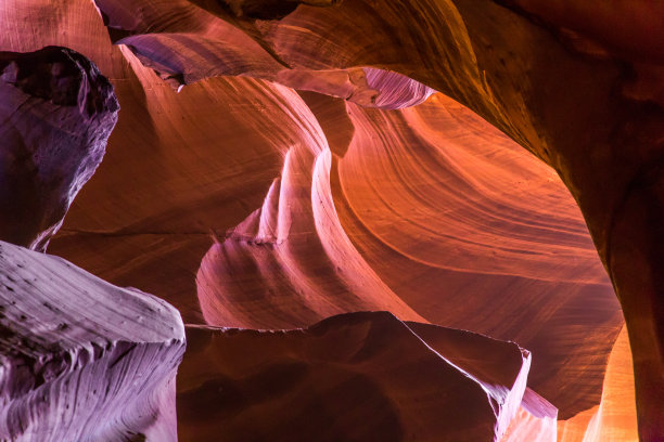 纳瓦霍保留区的羚羊峡谷。著名的槽峡谷。灯光展现了古老的螺旋形岩石拱门迷人的细节。岩石形成，灯光游戏。图片下载