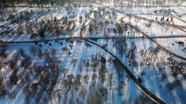 城市公园里蜿蜒的自行车道。冬天的城市公园。雪躺在地上。航空摄影。图片下载