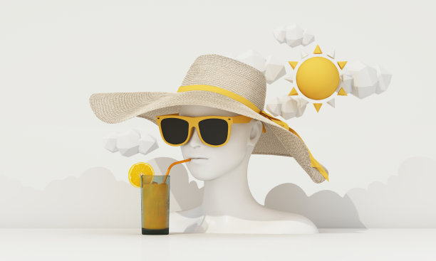 夏日度假概念以太阳镜和旅行箱为背景，以云为背景，沿抽象女性面孔模型，时尚服装，泳装用复制空间横幅产品展台展示。三维渲染图片下载