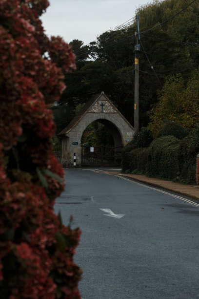 垂直拍摄的三角形拱门教堂入口与红色的花朵在前景图片下载