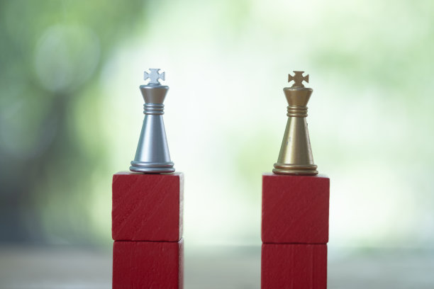 一个金色的国王棋子和一个银色的国王棋子一起站在红色的块上，模糊的自然背景。图片下载