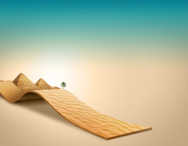 Safari和旅行的3d插图。撒哈拉沙漠，热带陆地越野隔离。创意旅游越野广告设计与棕榈树。埃及金字塔。图片下载