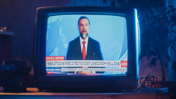 特写镜头的旧电视机屏幕与突发新闻报道。英俊的中年主持人在电视直播中宣读重要新闻。怀旧复古的九十年代技术概念。图片下载