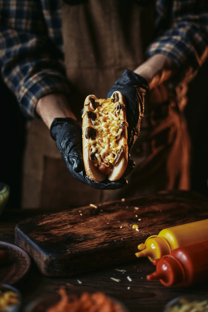 戴手套和围裙的人正在准备热狗。厨师往热狗里加了蘑菇。乡村风格的经典快餐。图片下载