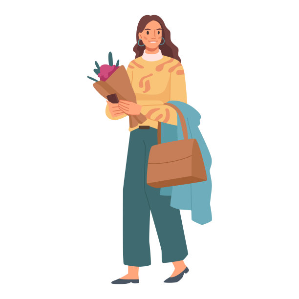 微笑的女性角色手捧花束，背着夹克和包。孤独的女性人士度假，庆祝的人。平面矢量图片下载