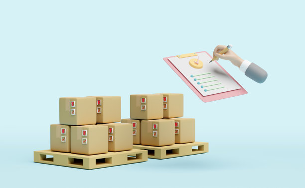 检查清单与商人手拿铅笔，剪贴板，检查标记，货物纸箱，托盘，隔离在蓝色背景。概念3d插图或3d渲染图片下载