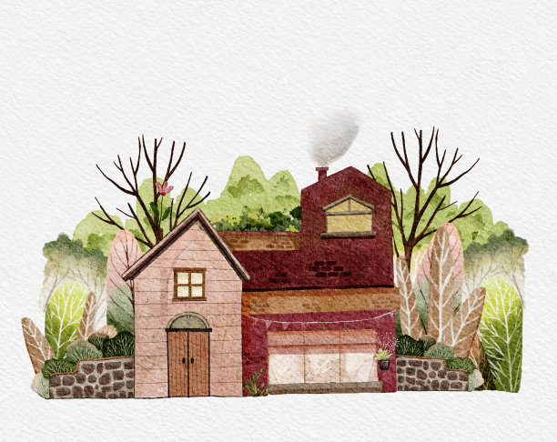 水彩画村庄房子与森林树木在春天的白色背景，插图手绘水彩画房子与花园的木与砖的房子和盛开的植物，在花园里的树图片下载