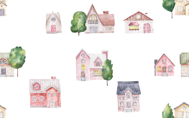 无穷无尽的图案与城市房屋，城镇景观，水色无缝插图，墙壁艺术图片下载