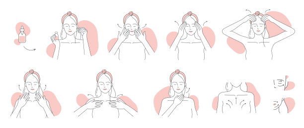 面部护肤步骤线图标设置，女生用瓶中精华液按摩面部皮肤图片下载