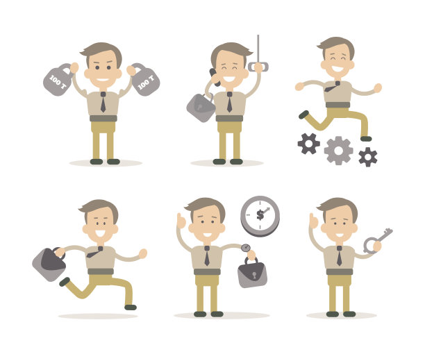 在不同的情况下，一组开朗的商人人物。不同情境下微笑员工的卡通矢量插图图片下载