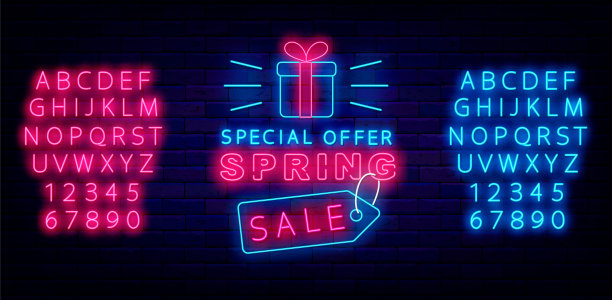 春季促销霓虹灯标签。礼盒图标。季节特惠。砖墙上的购物公告。矢量图图片下载