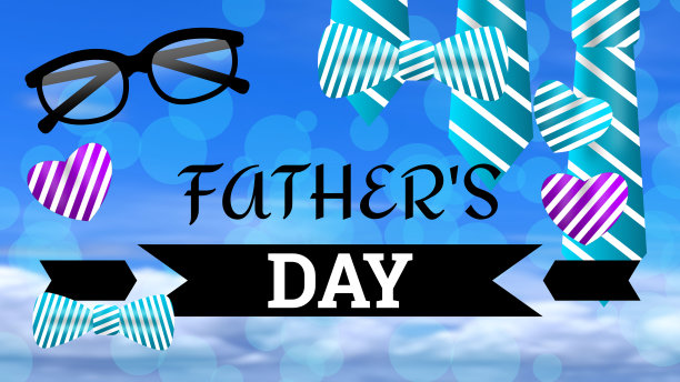 父亲节在模糊天空背景与护目镜，领结和心脏图片下载