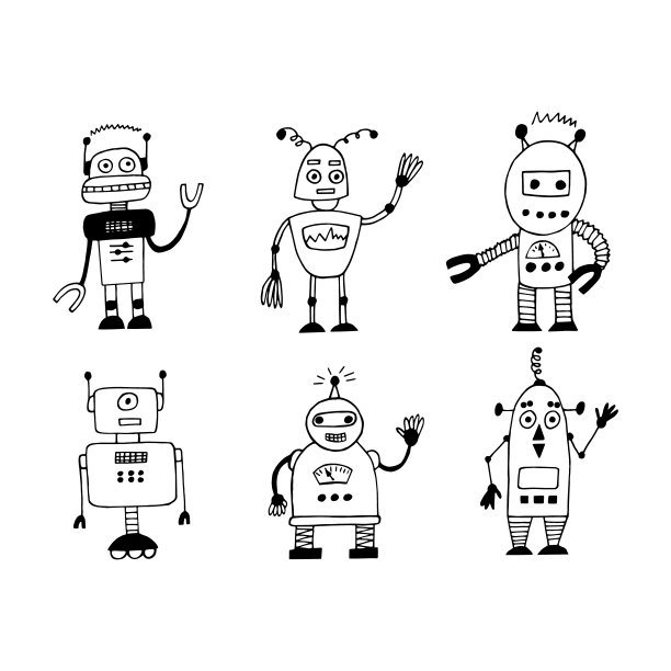 机器人集手绘涂鸦风格。儿童房间装饰和衣服的卡通人物。图片下载