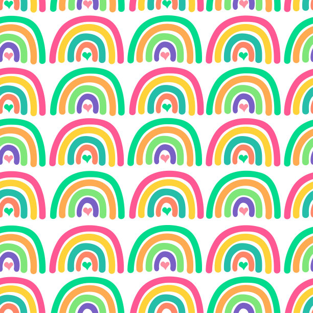 无缝图案与彩虹卡通风格。涂鸦可爱的夏天甜的纹理与心和彩虹设计儿童壁纸，包装，服装和许多不同的设计。图片下载