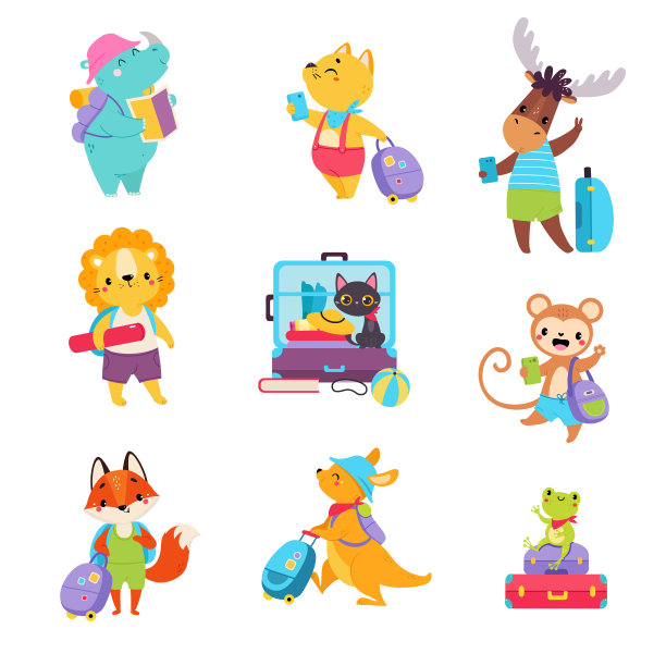 可爱的动物旅行者与Trunk和背包有旅行的假期向量集图片下载