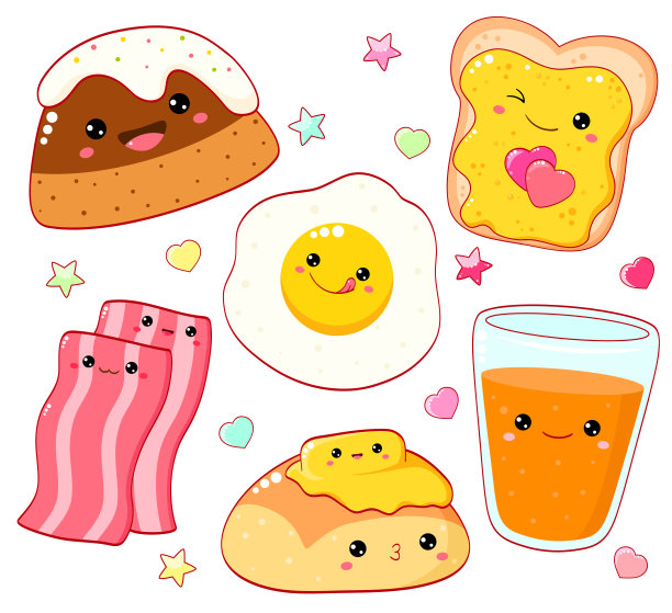 早餐时间。一套可爱的食物图标在卡哇伊风格的甜蜜设计。炒鸡蛋，纸杯蛋糕，橙汁，黄油面包，蜂蜜三明治，培根图片下载