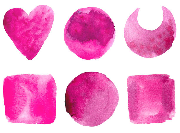 孤立的一套手绘水彩形状:圆形，方形，心形新月在粉红色洋红色图片下载