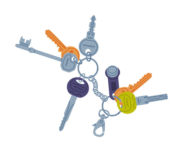 饰品与黄铜和钢钥匙挂钥匙链或钥匙环矢量插图图片下载