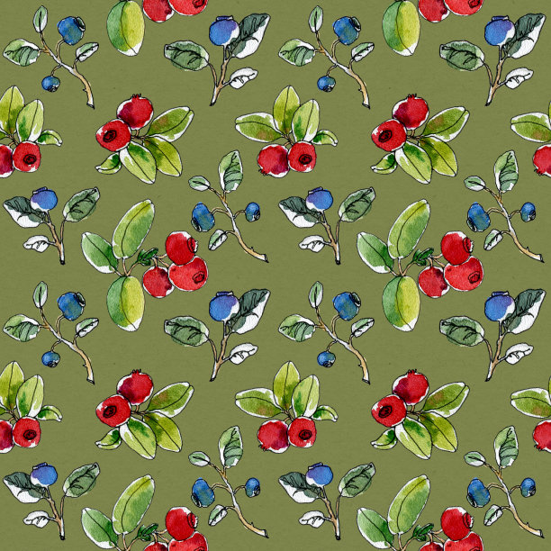 彩色水彩手绘莓果无缝图案。成熟的蓝莓和蔓越莓。美味的森林水果插图。图形装饰背景。图片下载