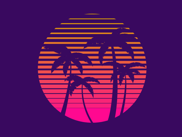 热带棕榈树日落在未来的80年代风格。夏天的时候，棕榈树的剪影在合成器和复古风格。设计广告小册子及横幅。矢量图图片下载