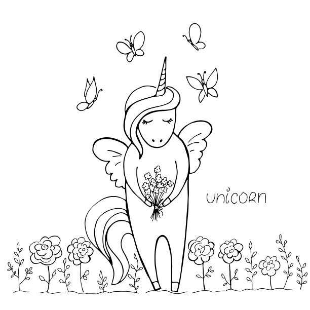 神奇可爱的独角兽与一束花在手中孤立的白色。手绘矢量插图。完美的打印，着色书，贺卡。图片下载