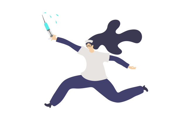 滑稽可爱的护士拿着药物注射器跑。矢量平面插图，医务人员急于给病人注射或注射疫苗图片下载