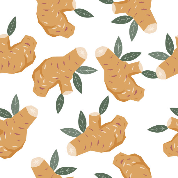 姜根或姜黄香料无缝图案设计，手绘平面矢量。图片下载