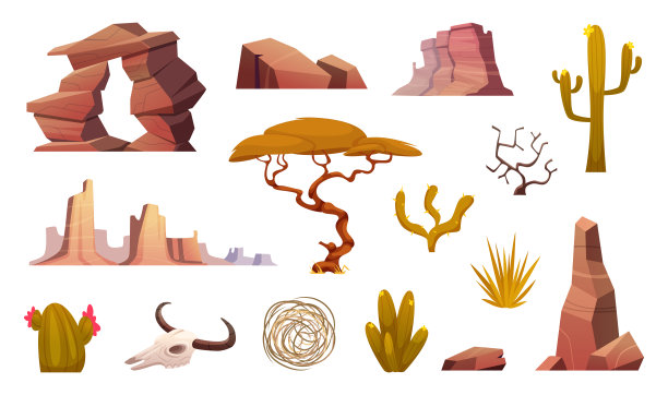 沙漠景观工具包。仙人掌岩石树木和沙子植物异国情调的户外亚利桑那州景观精确的矢量模板在卡通风格图片下载
