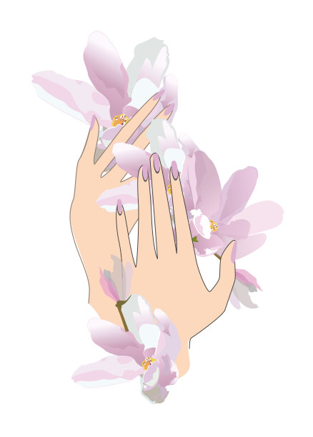 女性双手用精致的指甲修剪出美丽的春花。图片下载
