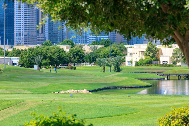 阿拉伯联合酋长国迪拜：高尔夫球场、别墅和朱美拉湖塔区图片下载
