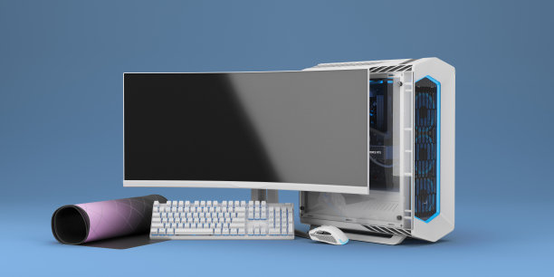 电脑游戏PC与霓虹灯未来的现代工作场所3d渲染蓝色背景图片下载