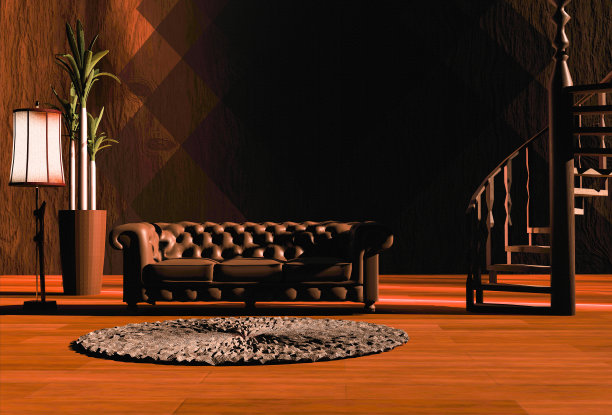 红木客厅内设螺旋楼梯，古色古香的沙发和台灯及装饰性花盆。设计和装饰。3 d渲染。图片下载