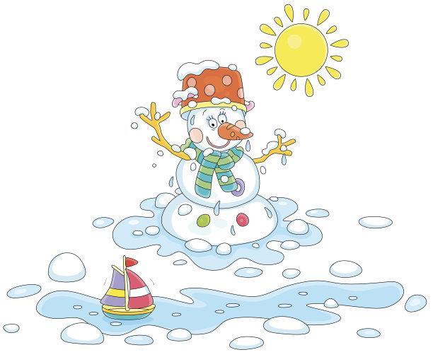 玩具船和一个在水坑里融化的有趣雪人图片下载
