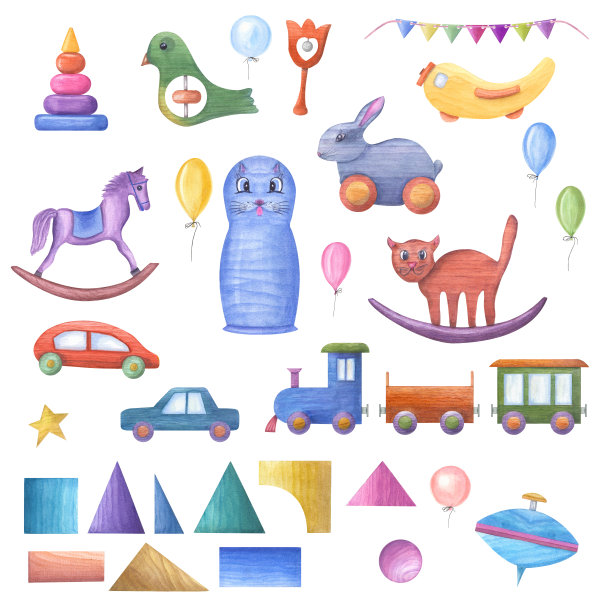 一套儿童木制玩具孤立在白色背景的水彩插图。托儿所，儿童房装饰。环保材料儿童玩具。打印，海报，背景，装饰，壁纸，包装。图片下载