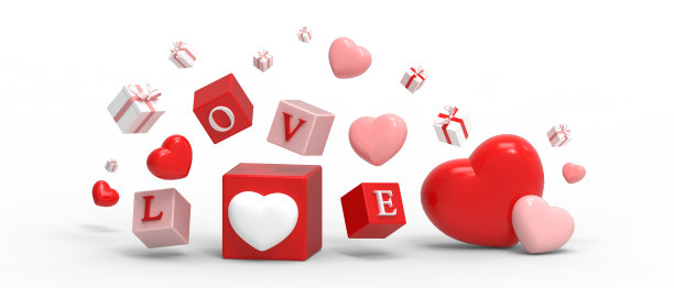 爱情和情人节横幅促销白色背景。周年结婚贺卡礼盒及红心气球。生日，母亲节，宣传册，复制空间-3d渲染图片下载