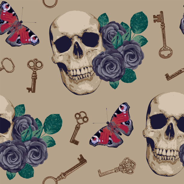 无缝模式与人类头骨，玫瑰，蝴蝶和古董钥匙图片下载