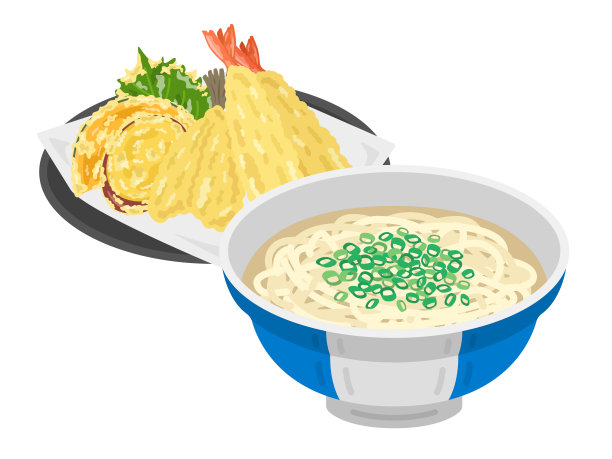 各色乌冬面和天妇罗的插图。图片下载