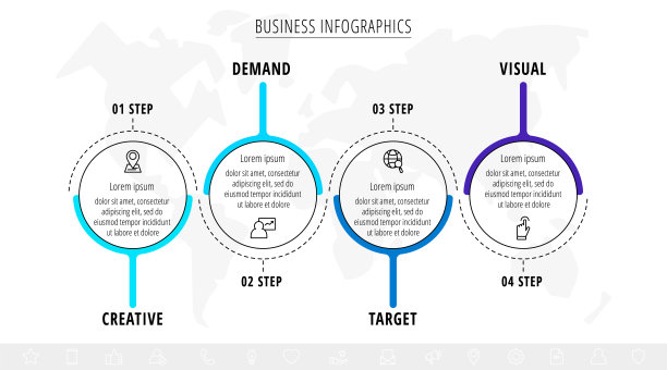 线向量最小信息图与四个圆。现代时间轴业务概念与4步图一步图片下载