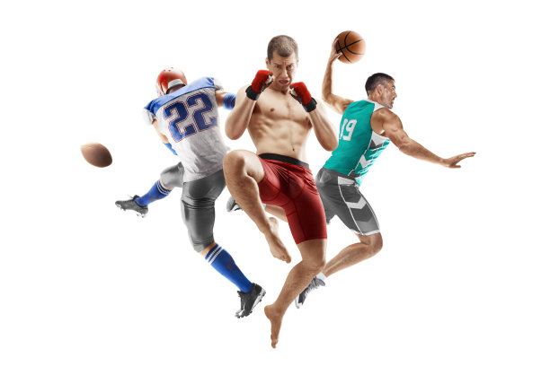 运动在行动。综合格斗，美式橄榄球，篮球。职业运动员。运动拼贴。白色的隔离图片下载