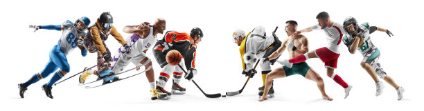 体育的竞争。专业运动员体育拼贴。足球，滑雪，篮球，曲棍球，综合格斗，足球。运动的情感。白色的隔离图片下载