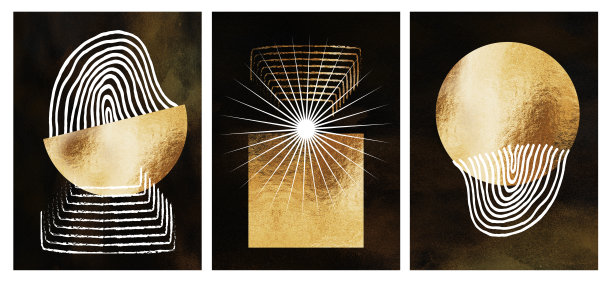 现代简约的北欧设计与黑色和金色的现代墙壁装饰。3d抽象大理石壁纸。弯曲的线条和金色的形状艺术图片下载