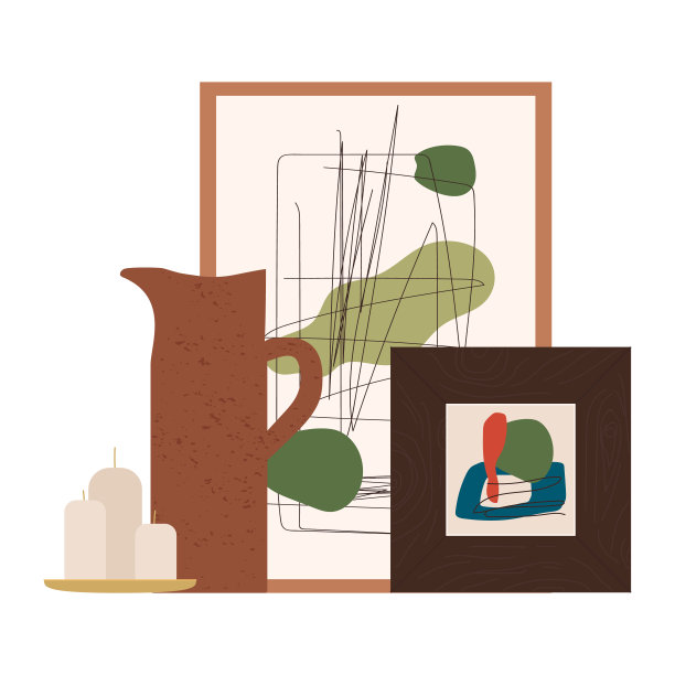室内装饰设置手工陶器花瓶或水罐，蜡烛，现代抽象艺术，和复古静物相框的图片。矢量平面插图孤立的背景。图片下载