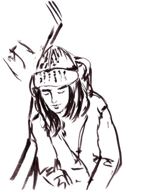 睡坐姑娘戴着冬帽，画着图形。图片下载