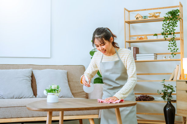 亚洲女人在家里喷瓶清洁和闪闪发光，家政概念图片下载